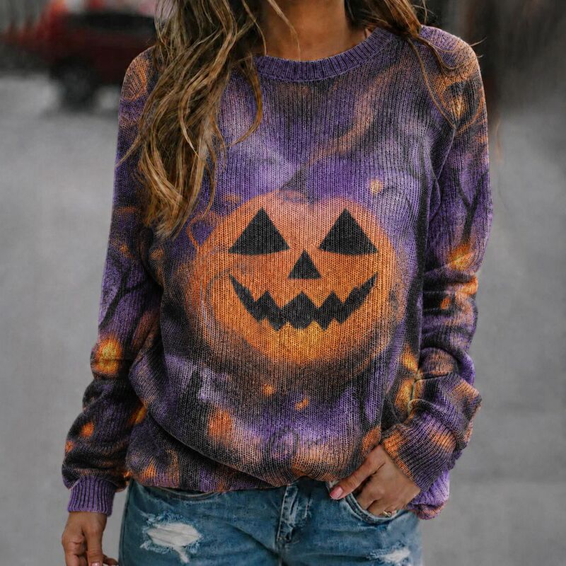2026 Women's Vintage Halloween Spider Rose Artistic Distressed Round Neck Long Sleeve Top European and American Style Faux Sweater