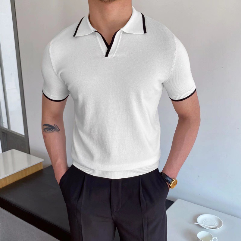 Lässiges Herren-Poloshirt in Slim Fit mit Farbblock-Design im italienischen Strickstil, kurze Ärmel, atmungsaktives Sommer-T-Shirt aus Eisseide_voghion.com