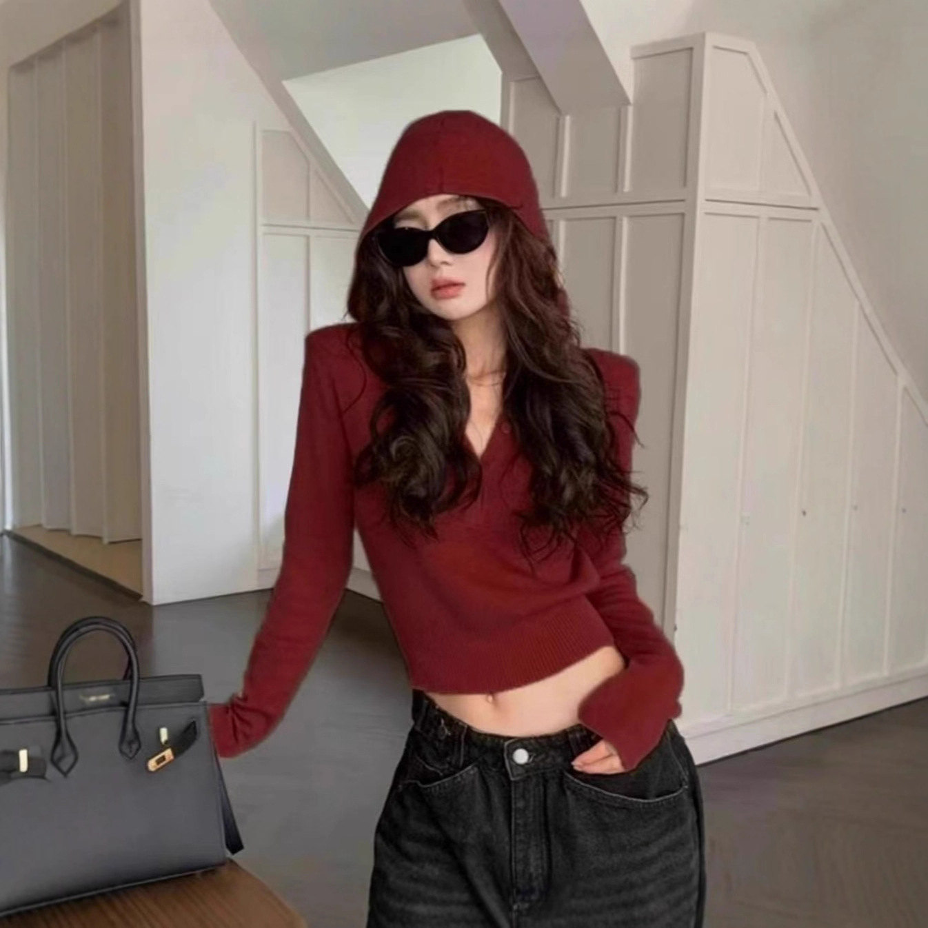 美式辣妹橘色连帽针织衫女秋季设计感修身收腰长袖毛衣内搭短上衣