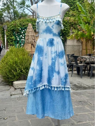 해변 휴일 스타일 슬립 스커트 원사 프렌치 러플 비치 원피스 수제 타이-염료 긴 원피스 우아한 요정 스타일