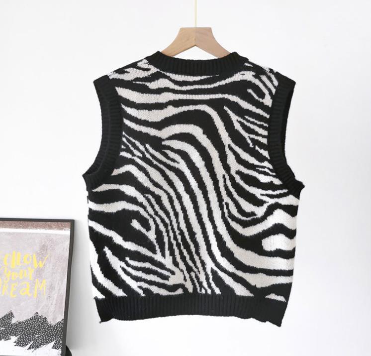 Sweater new knitted leopard print V-neck short sleeveless top women's vest_voghion.com