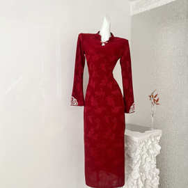 复古风新中式国风马上来财复古旗袍女冬红色连衣裙新年战袍2025新