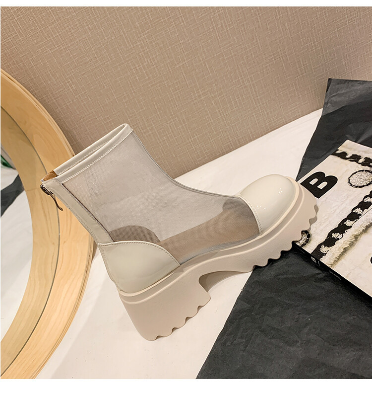 Boot ngắn nữ da thật vải lưới cao gót 6cm mùa hè phong cách Anh thoáng khí — Màu đen, Trắng be chi tiết 57