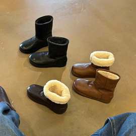 做货中~简约黑色时髦小众百搭雪地靴女羊羔毛真皮外穿休闲棉靴冬