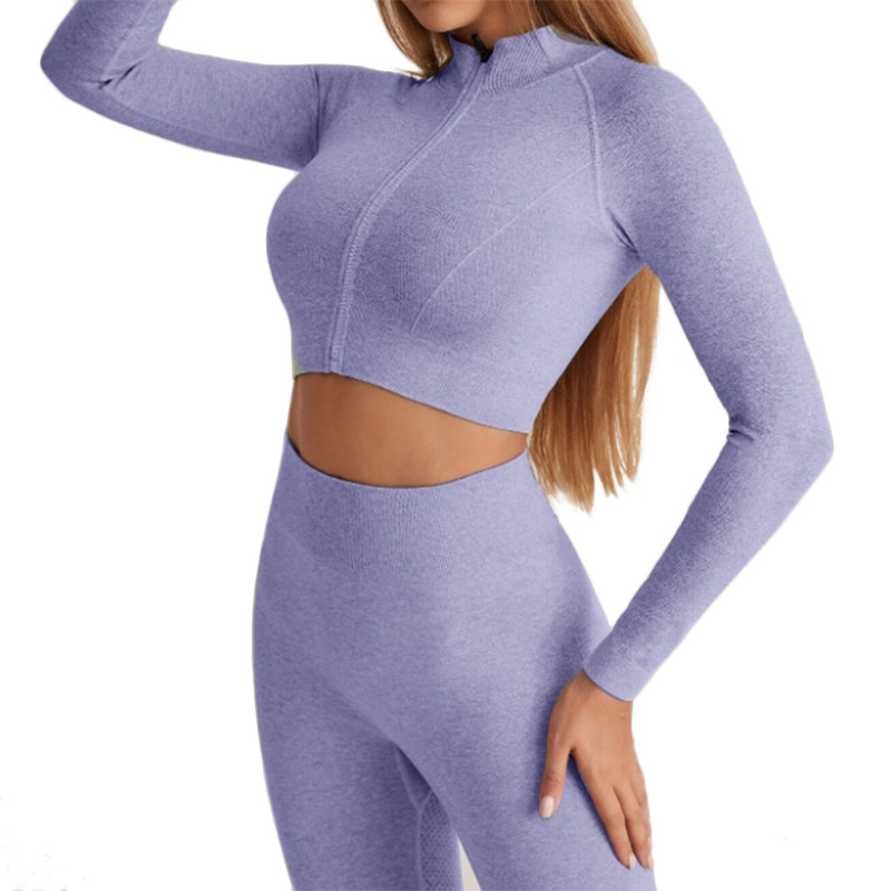 廠家定制logo無縫瑜伽服套裝女訓(xùn)練服拉鏈長袖高腰瑜伽褲運(yùn)動套裝