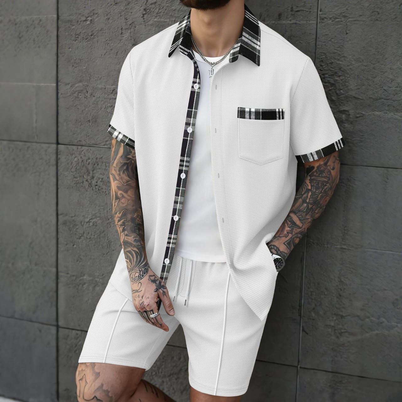 Men's Breathable Waffle Plaid Patchwork Cardigan Shirt And Shorts Set Short Sleeved Casual Suit_viptrois.com
