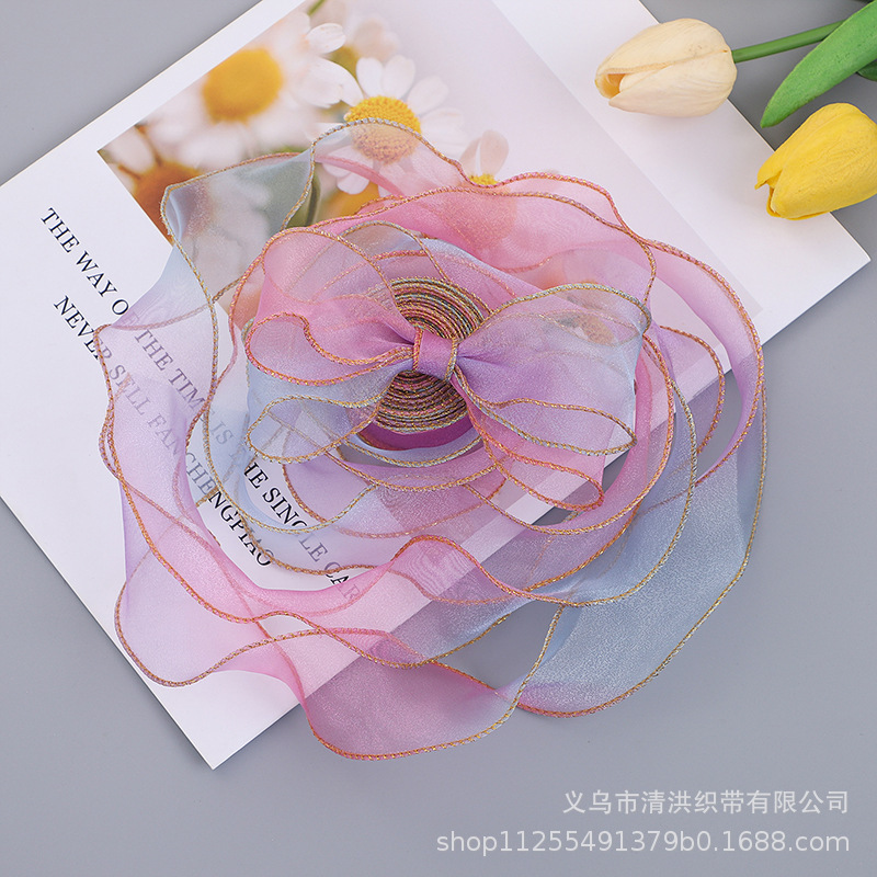 4cm彩色渐变波浪纱发饰蝴蝶结丝带礼品花艺包装带鞋帽裤裙鱼尾纱|undefined