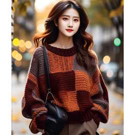 美拉德复古撞色拼接毛衣女2024秋冬新款慵懒风宽松圆领上衣针织衫