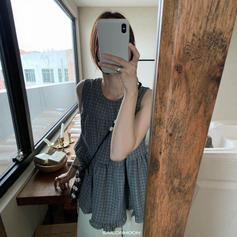 Imagine Sailormoon Summer Korean-Style Simple Plaid Versatile Sleeveless Top with Back Tie for Women 10959 Imagine Sailormoon Summer Korean-Style Simple Plaid Versatile Sleeveless Top with Back Tie for Women 10959