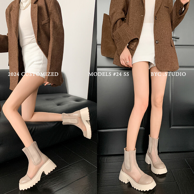 Boot ngắn nữ da bò mũi tròn đế dày thoáng khí khóa kéo sau — Màu đen, Màu mơ chi tiết 83