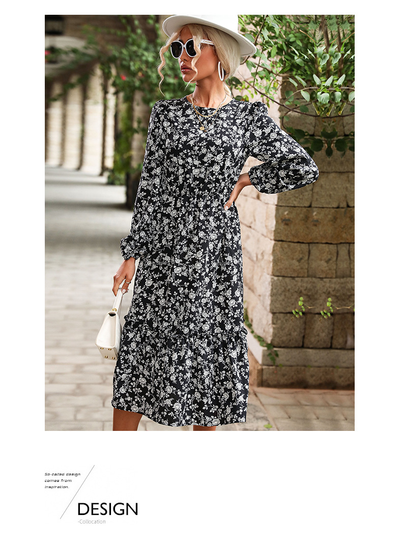 Round Neck Long-Sleeved Floral Dress Without Belt NSDMB113775