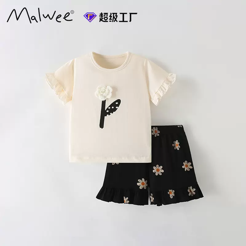 跨境malwee女童套装夏季新款欧美中小童圆领T恤短袖松紧腰两件套