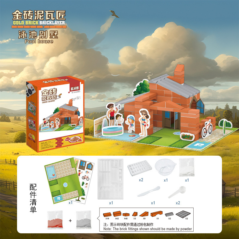 Masón diy construyendo a mano casa mini cabaña modelo arquitecto maestro de simulación ladrillo construyendo casa juguetes