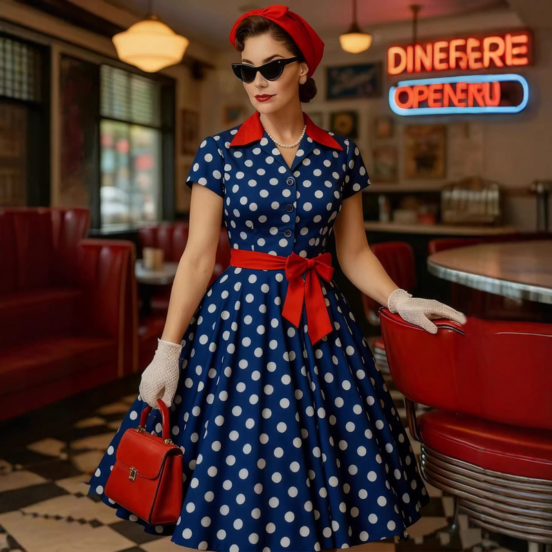 Amazon's Cross-Border Best-Selling Polka-Dot Shirt-Collar French Retro Hepburn Hong Kong Style Dress Amazon's Cross-Border Best-Selling Polka-Dot Shirt-Collar French Retro Hepburn Hong Kong Style Dress