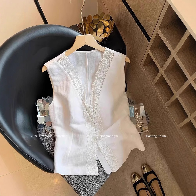 オールドマネースタイルフレンチスタイルスプライシングVネック人気ベスト婦人服-夏の新しいハイエンドノースリーブシャツトップ|undefined