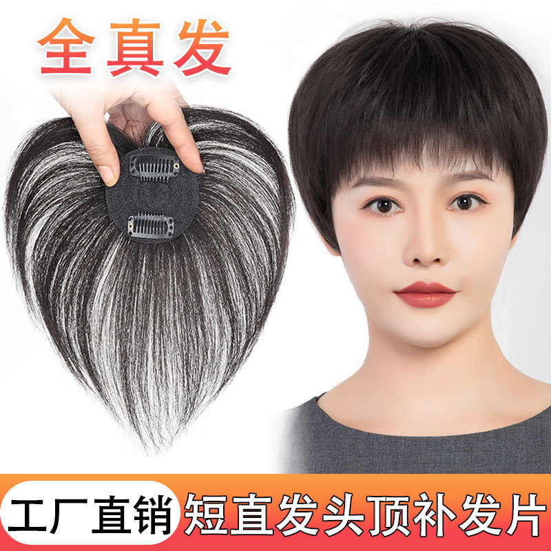 Short Hair Wig, Real Hair Hairpiece for Women, Hair Topper for Increasing Hair Volume, One-Piece Wig to Cover Gray Hair, Straight Hair Hairpiece