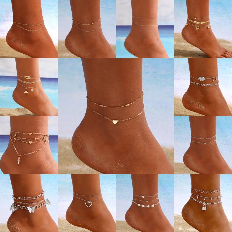 New Arrival Creative Double-Layer Heart-Shaped Anklet, Hollowed-Out Heart Beach Foot Jewelry in European and American Style, Anklet Chain