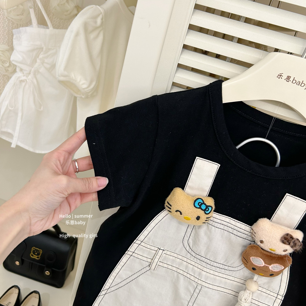 [Le En baby] 2025 primavera y verano niña falda de tirantes de dibujos animados falsa de dos piezas vestido de estilo occidental a juego falda linda