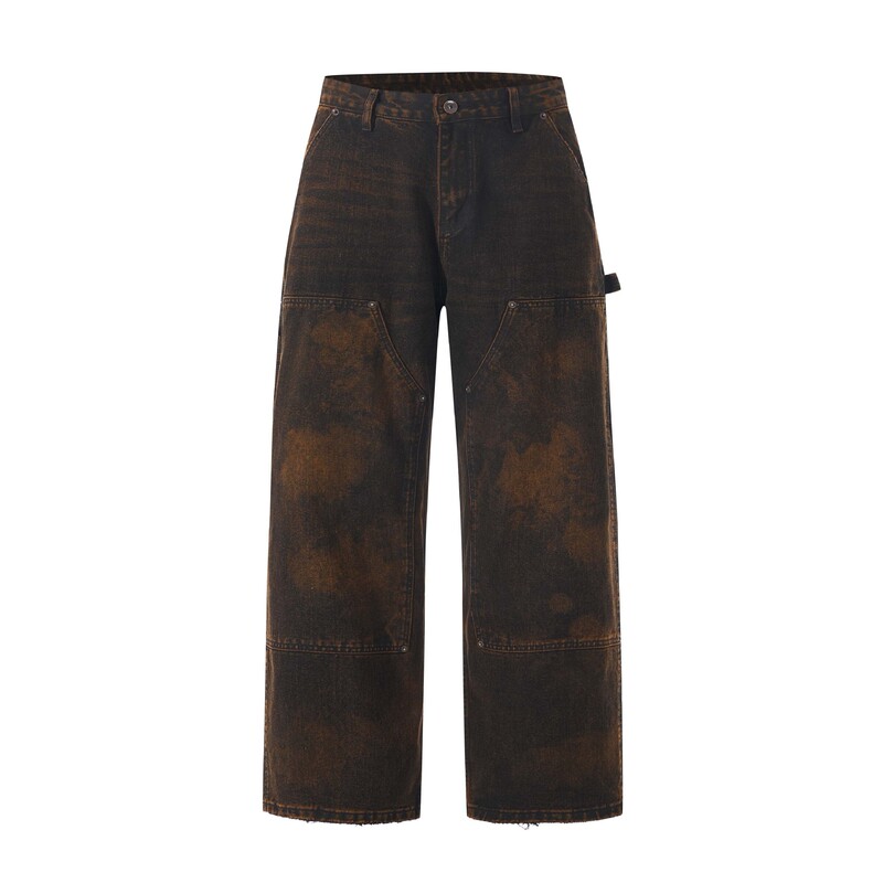 Vintage American-style double-layer front pocket work pants for men, yellow mud wash carpenter pants, loose wide-leg, unisex style Vintage American-style double-layer front pocket work pants for men, yellow mud wash carpenter pants, loose wide-leg, unisex style