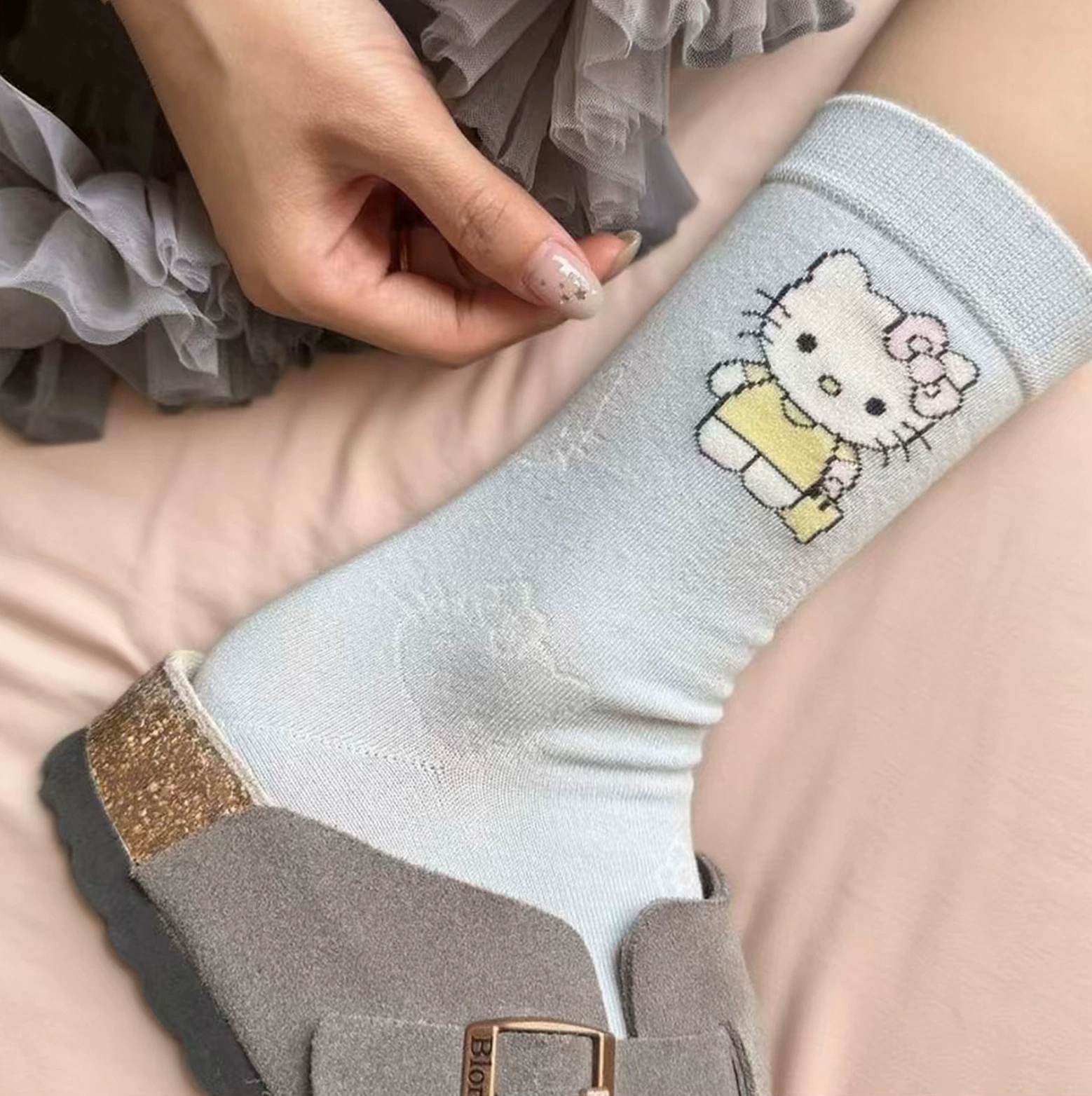Hello Kitty, японский мультяшный бренд белые гольфы-колготки для учеников начальной школы, средняя длина, осень