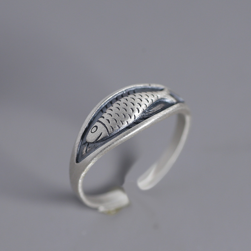 02138 Retro Old Koi Fish Men's and Women's Ring Opening Adjustable Fish Ascension Salted Fish Turn over Ring
