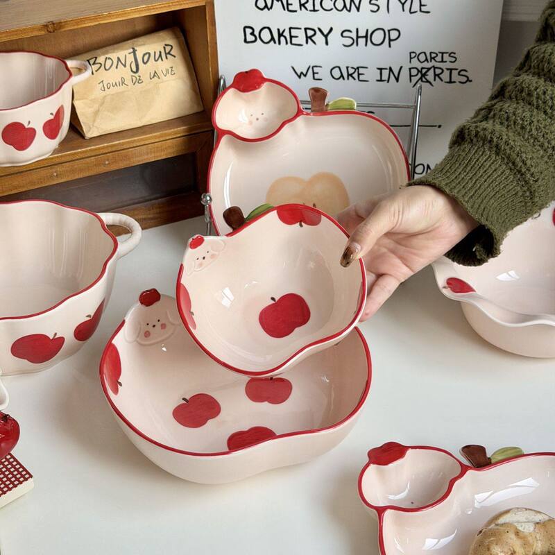Apple Ceramic Tableware Bowl and Plate Set Cute Girly Cartoon Hand-Painted Household Dumpling Deep Plate Breakfast Plate Fruit Plate Apple Ceramic Tableware Bowl and Plate Set Cute Girly Cartoon Hand-Painted Household Dumpling Deep Plate Breakfast Plate Fruit Plate