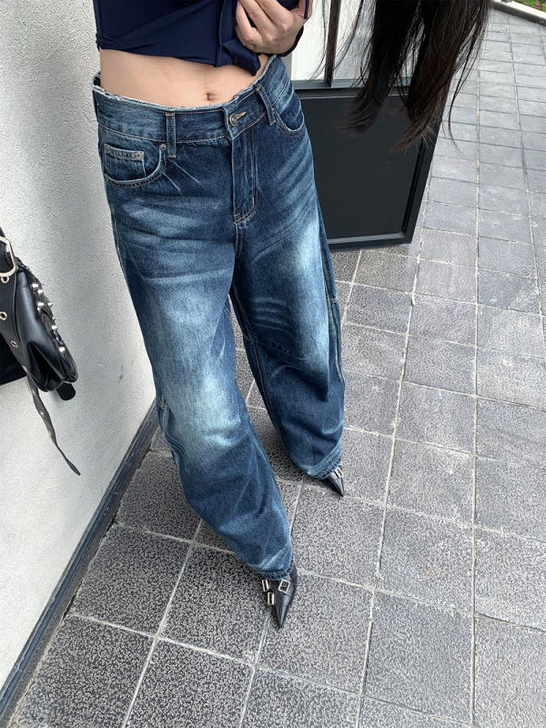 [9hour]美式街头抓纹弯刀牛仔裤女 2025秋季撕边腰阔腿裤女cy1304|undefined