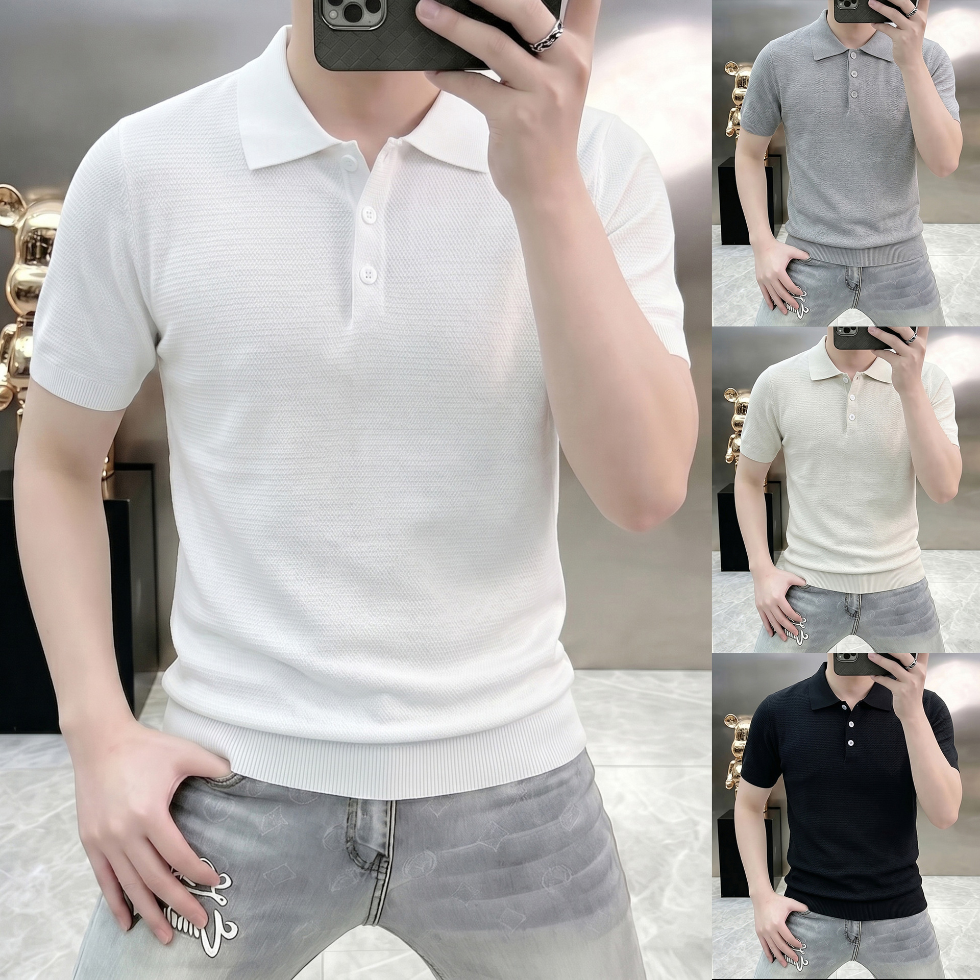 Polo camiseta de punto camiseta de manga corta camiseta de hombre con solapa viejo estilo de negocios texturas de hielo verano fábrica transfronteriza al por mayor