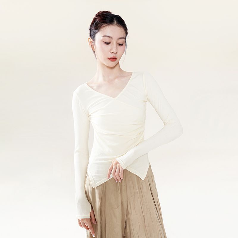 Yoga Wear Long-Sleeved Shirt, Feminine Collar, Modern Dance Slit, Slim-Fitting Exercise Clothes, Niche Chic Fingerless Tops Wholesale Yoga Wear Long-Sleeved Shirt, Feminine Collar, Modern Dance Slit, Slim-Fitting Exercise Clothes, Niche Chic Fingerless Tops Wholesale
