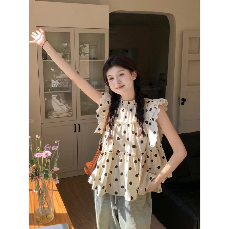 Plus-Size Polka-Dot Flutter Sleeve Shirt, Versatile French-Style Ruffled Loose Top, Thin Lapel French Elegance