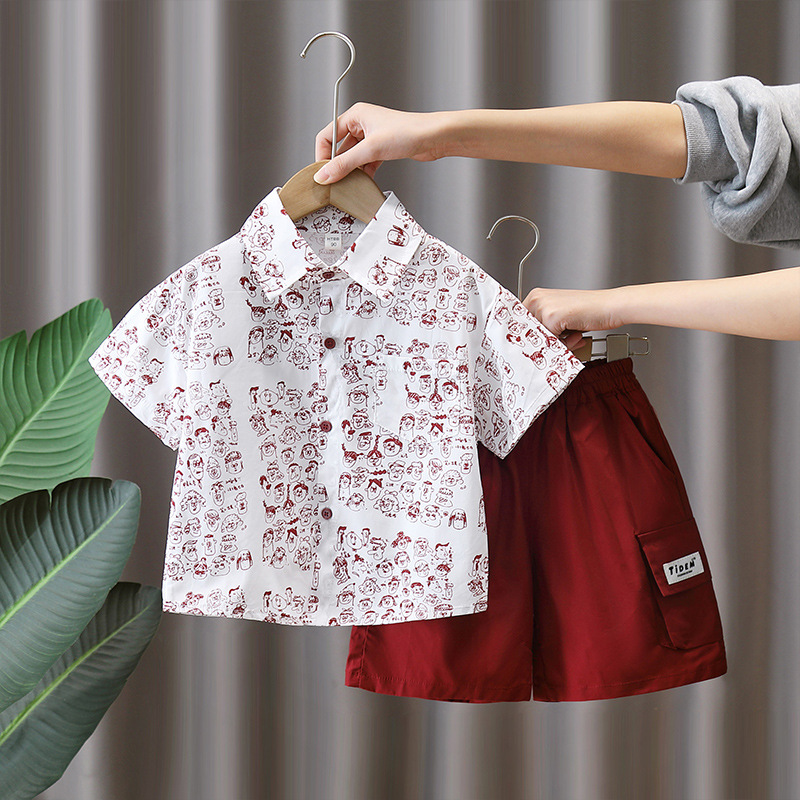 7320 traje de camisa de flores de manga corta para niños 2025 nueva ropa de moda de verano para niños, traje delgado de dos piezas