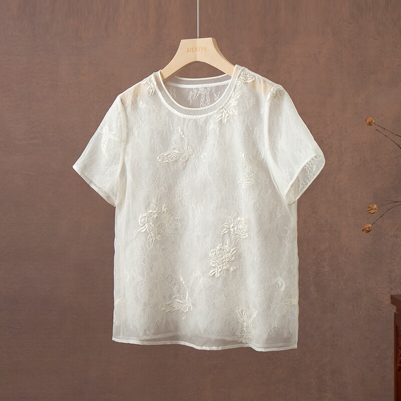 Lace Slightly See-Through 100% Mulberry Silk Organza Cut Out Embroidered Silk Short-Sleeved T-Shirt Elegant Top for Women Summer
