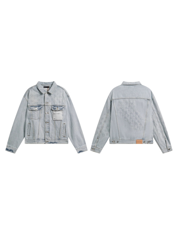 Trendy Brand Vintage-Style Washed Denim Jacket with Splatter Paint Design, Autumn/Winter Loose-Fit Denim Jacket