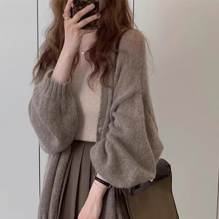 复古灯笼袖马海毛针织开衫薄款外套女2025新款慵懒风毛衣宽松上衣|undefined