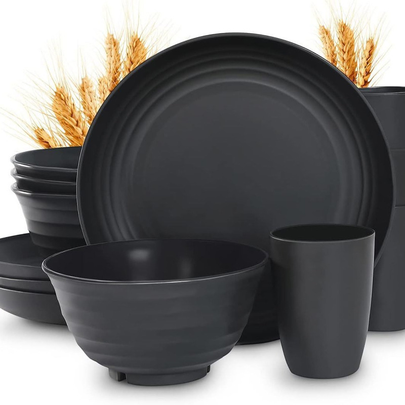 Cross-border Amazon Wheat Straw Dinner Plate Dishes Water Cup Tableware suit Outdoor Portable Camping Western Food Tableware