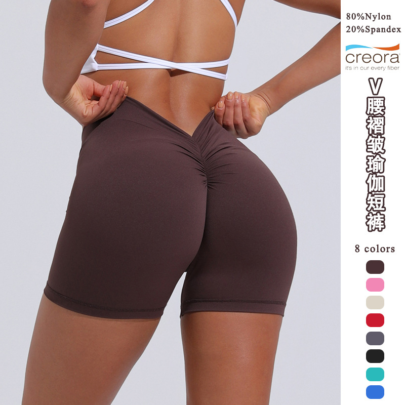 High waist hip lifting rear V yoga shorts women's nylon tight shorts training sports running fitness pants women's three-quarter pants