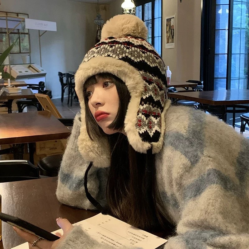 겨울 LEI FENG HAT 여성의 일본 스타일 귀여운 니트 봉제 귀 보호 모자 두꺼운 따뜻한 방한 사이클링 동북 패션 모자