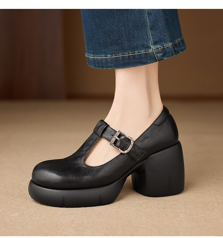 Giày Mary Jane nữ da cừu cao cấp gót vuông 8 cm quai ngang khóa chữ T — màu đen chi tiết 11