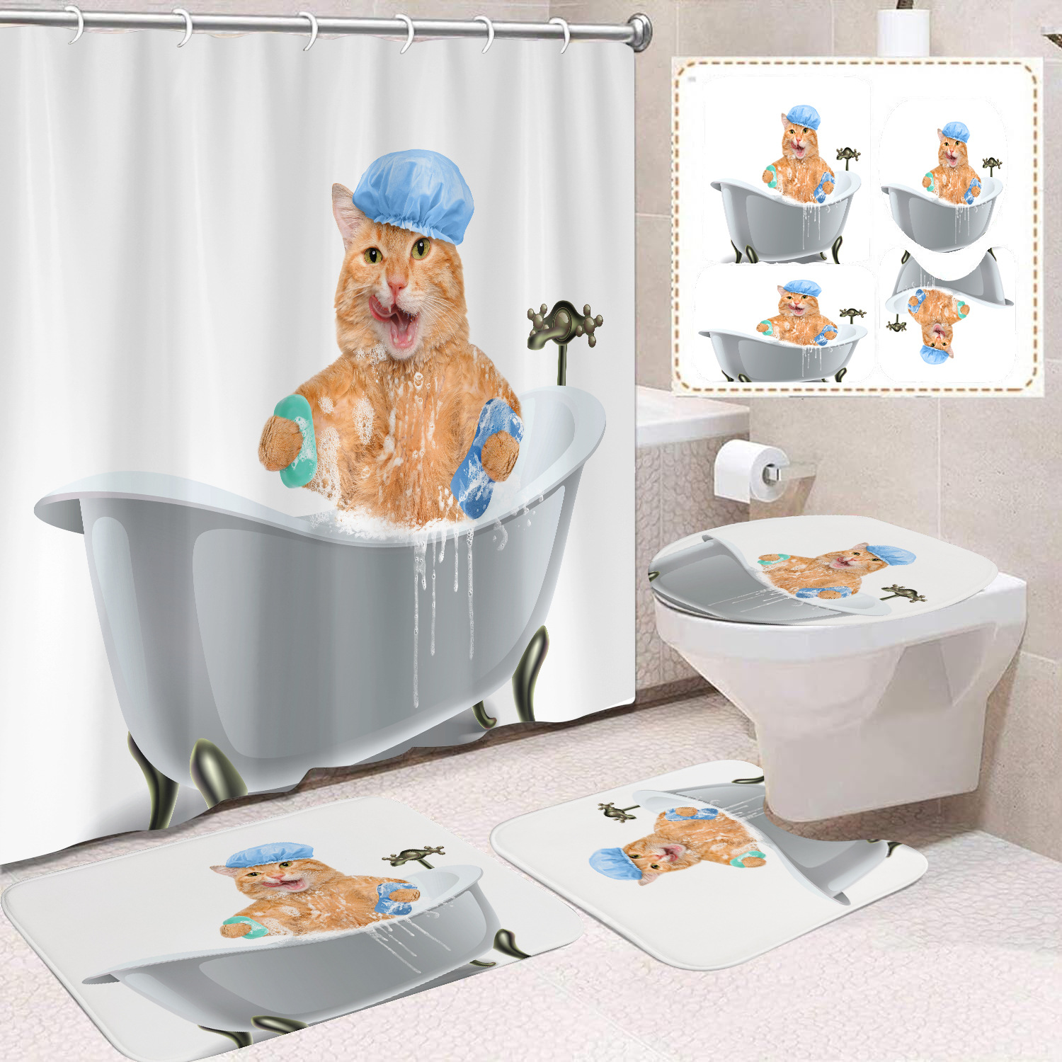 Fuente de fabricantes Amazon animales gatos niños cortina de ducha impermeable a prueba de moho cortina de ducha inodoro partición de baño divertido
