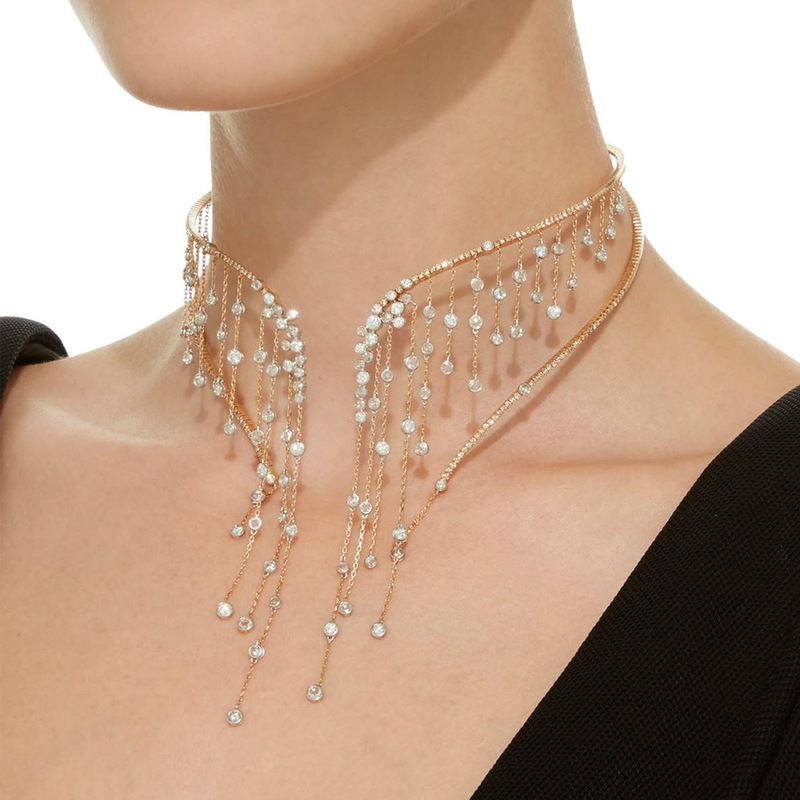 跨境新品满钻流苏项圈欧美时尚高级感派对双层水钻锁骨链necklace|undefined