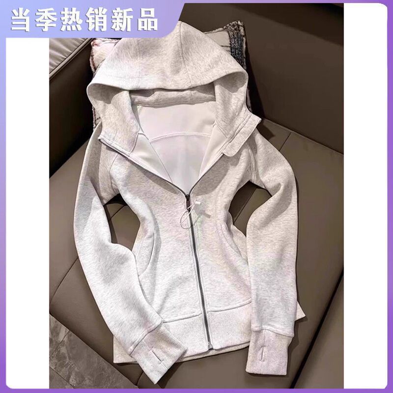 White Gray Right Shoulder Jacket 2025 Autumn and Winter New Women's Casual Waist Slimming Look Sports Hooded Slim Cardigan Sweatshirt White Gray Right Shoulder Jacket 2025 Autumn and Winter New Women's Casual Waist Slimming Look Sports Hooded Slim Cardigan Sweatshirt