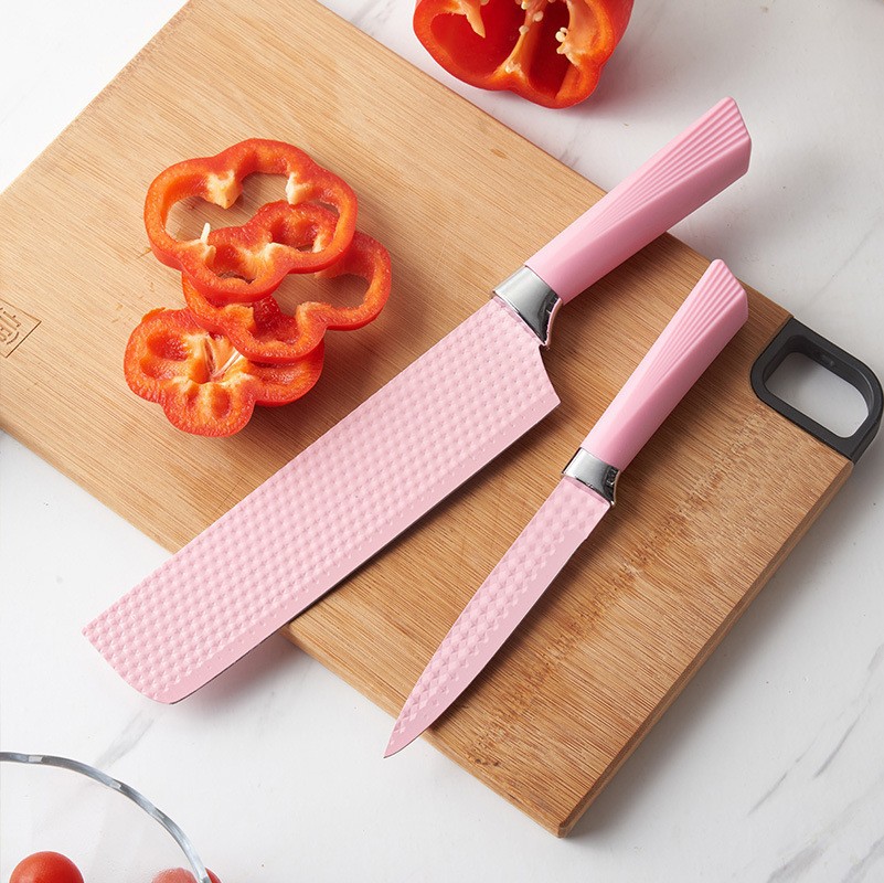 Inventario al por mayor nuevo acero inoxidable pulverización rosa diamante manija viejas seis piezas cuchillo conjunto de herramientas de cocina