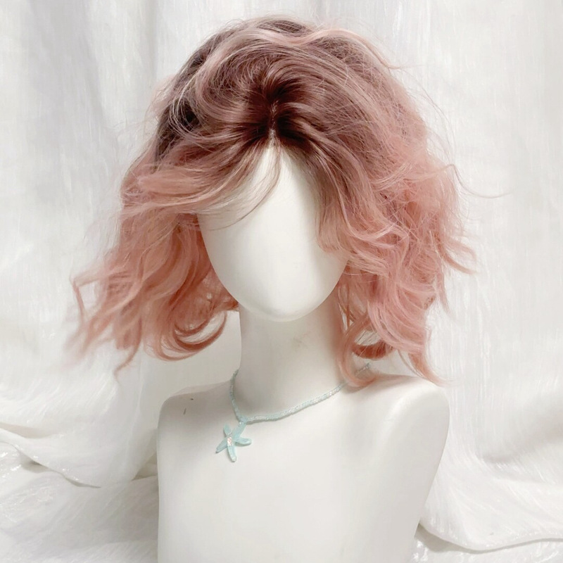 [Keluli] Wig Female Pink Gradient Egg Roll Short Curly Hair Artificial Hair Daily Natural Wig Full Headgear