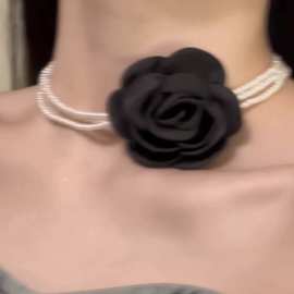 森系仿真黑玫瑰珍珠项链choker系带锁骨链颈链法式饰品质感高级感