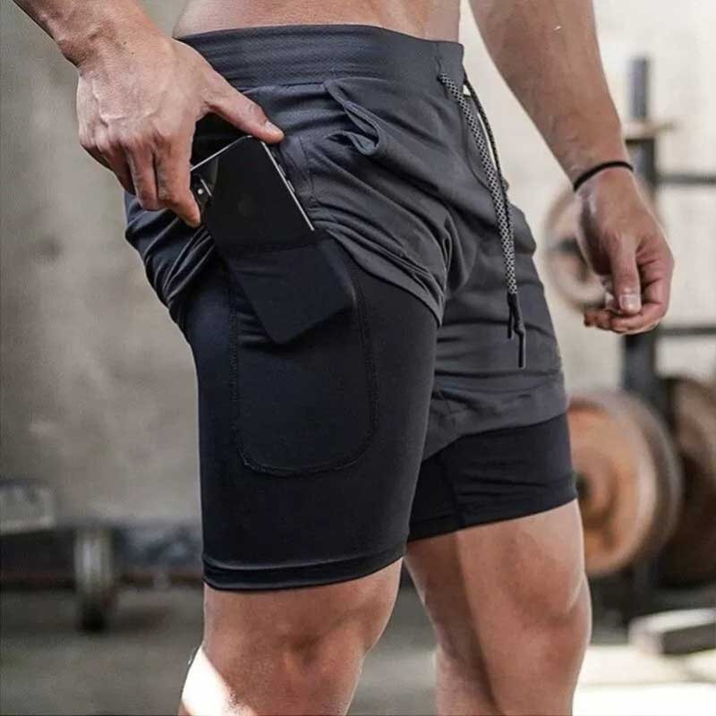 Corsa da uomo estiva da allenamento sottile a doppio strato che può contenere telefoni cellulari, pantaloncini elastici traspiranti e ad asciugatura rapida_voghion.com