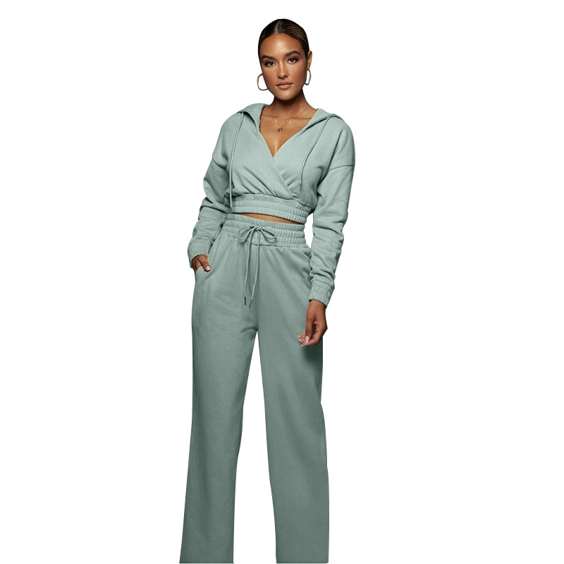 Women's Clothing autumn and winter casual solid color hooded open V trousers for women, fashionable slim long sleeved sweatshirt suit_voghion.com