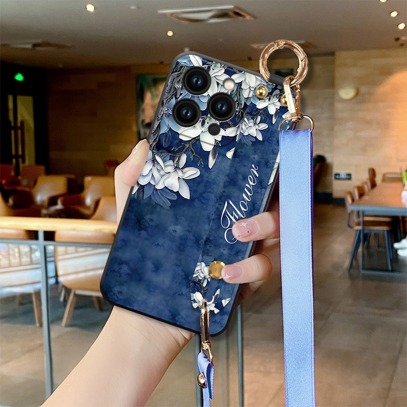 Cloth pattern blue flower wrist strap suitable for Apple 15pro mobile phone case Apple 6plus bracket personalized drop-resistant protective case