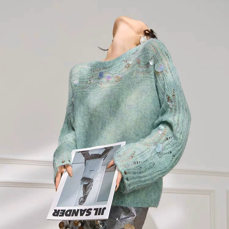 Korean Style Mint Green Top for Women in Autumn with Shell Sequin Design and Hollow Knitted Blouse Sweater