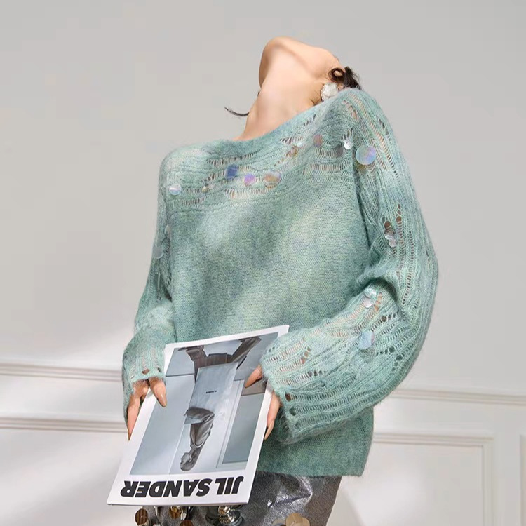 Korean Style Mint Green Top for Women in Autumn with Shell Sequin Design and Hollow Knitted Blouse Sweater