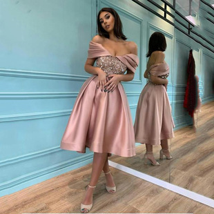 2025 Cross-Border New Women's Spring Simple and Elegant Long Slim Sequined Off-Shoulder Banquet Evening Dress